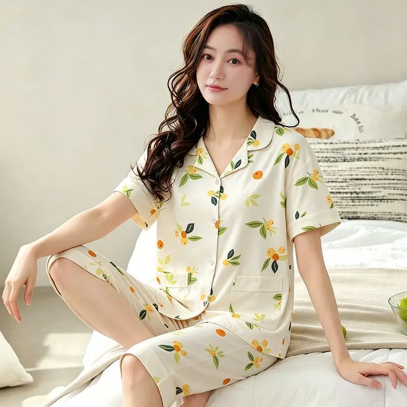 Women's Pajama Set Short Sleeve Capri Pants Summer Sleepwear Soft Comfy Button Down Lapel Fruit Print 2 Piece Loungewear Pyjama