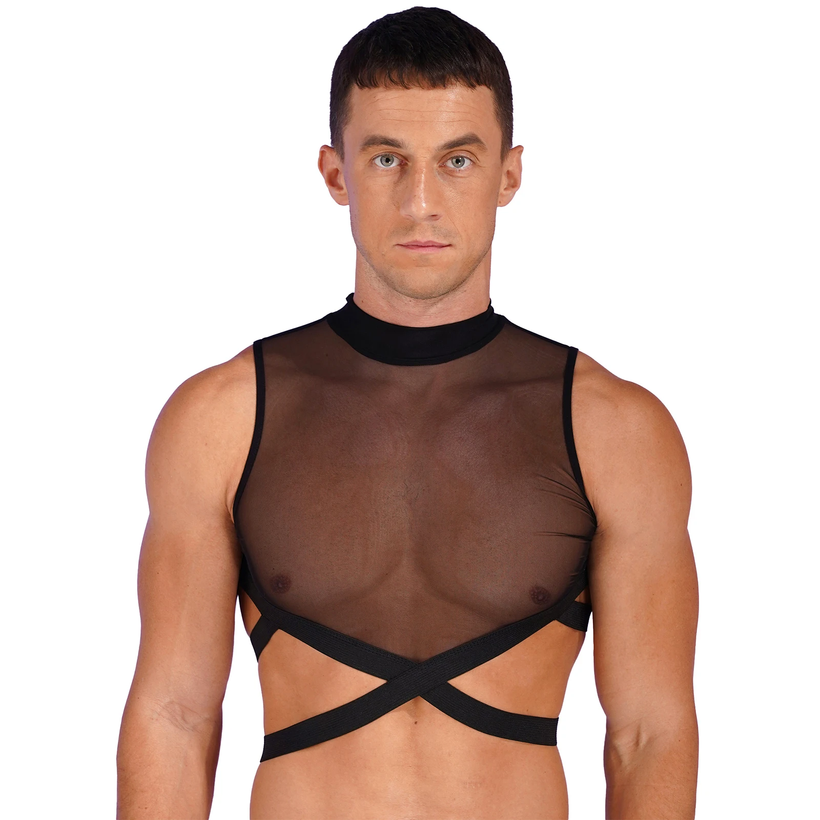 Mens See through mesh Crop Tops design back zipper Strappy Criss Cross Vest Tops Sleeveless Sheer Mesh Top Rave Festival Costume