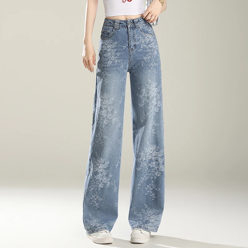 

Женские джинсы с высокой талией и широкими штанинами, с вышивкой, прямого кроя, летние, тонкие, повседневные, из хлопка, стрейч