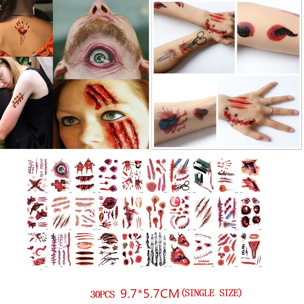 Halloween 30PCS/set  Waterproof Temporary Tattoos for Lady Women Men 3d Reality Vampire Blood Scar Design Sticker Home Decor