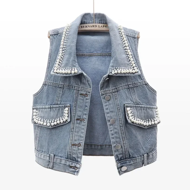 

Nice New Autumn Women Vest Jacket Fashion Beading Jeans Jacket Sleeveless Loose Short Blue Denim Coat Causal Waistcoats Jackets