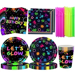 Neon Glow Happy Birthday Party Supplies Disposable Paper Plates Napkins Cups For Kids Neon Glow in the Dark Favors Decorations