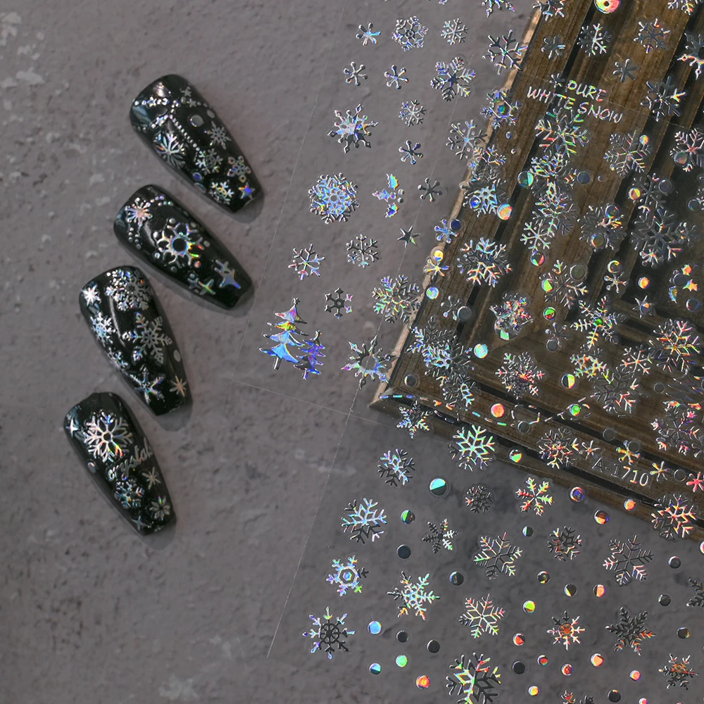 12Pcs Christmas Laser Silver Snowflakes Nail Stickers Set 3D Bronzing Snowflake Nail Decal 8*10cm HOLO Snowflake Xmas Slider