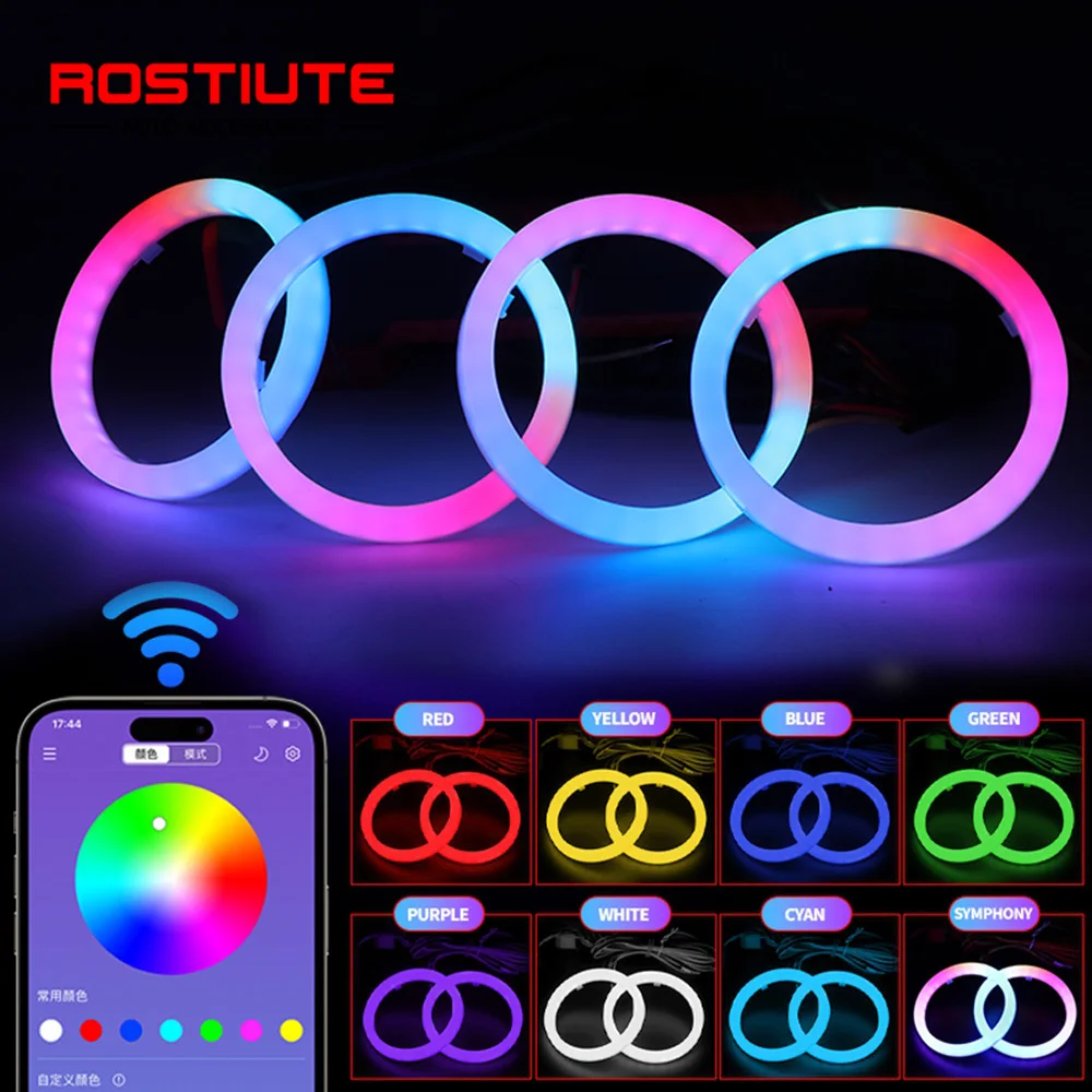 4 in 1 Colorful Haro Ring Angel Eyes RGB Sequential Flowing 60mm 70mm 80mm 90mm 100mm 110mm 120mm DRL Led Headlights Projector