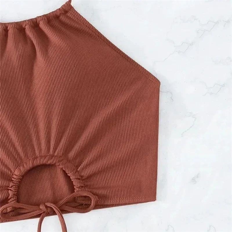 Brown Ribbed Swimwear Shorts Swimsuits Women Halter Bikinis Sets String Drawstring Bathing Suit Beachwear Sexy Bikini 2024 Mujer
