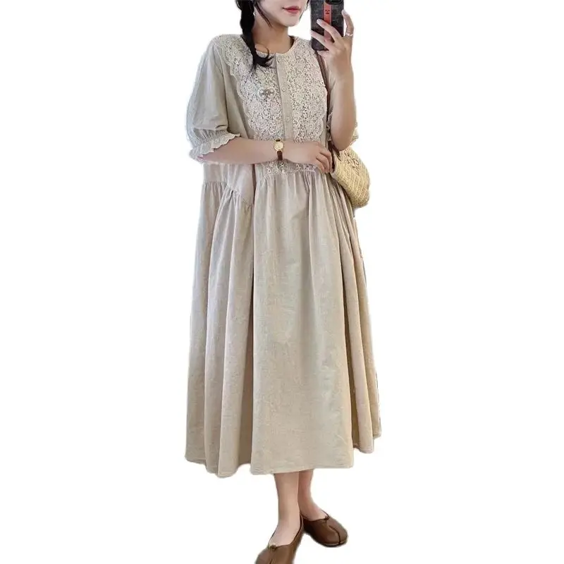 New Summer Cotton Linen Short Sleeve Dresses Women O Neck Embroidery Mori Girl Loose French OL Retro Dress 2024 Autumn D46557QC