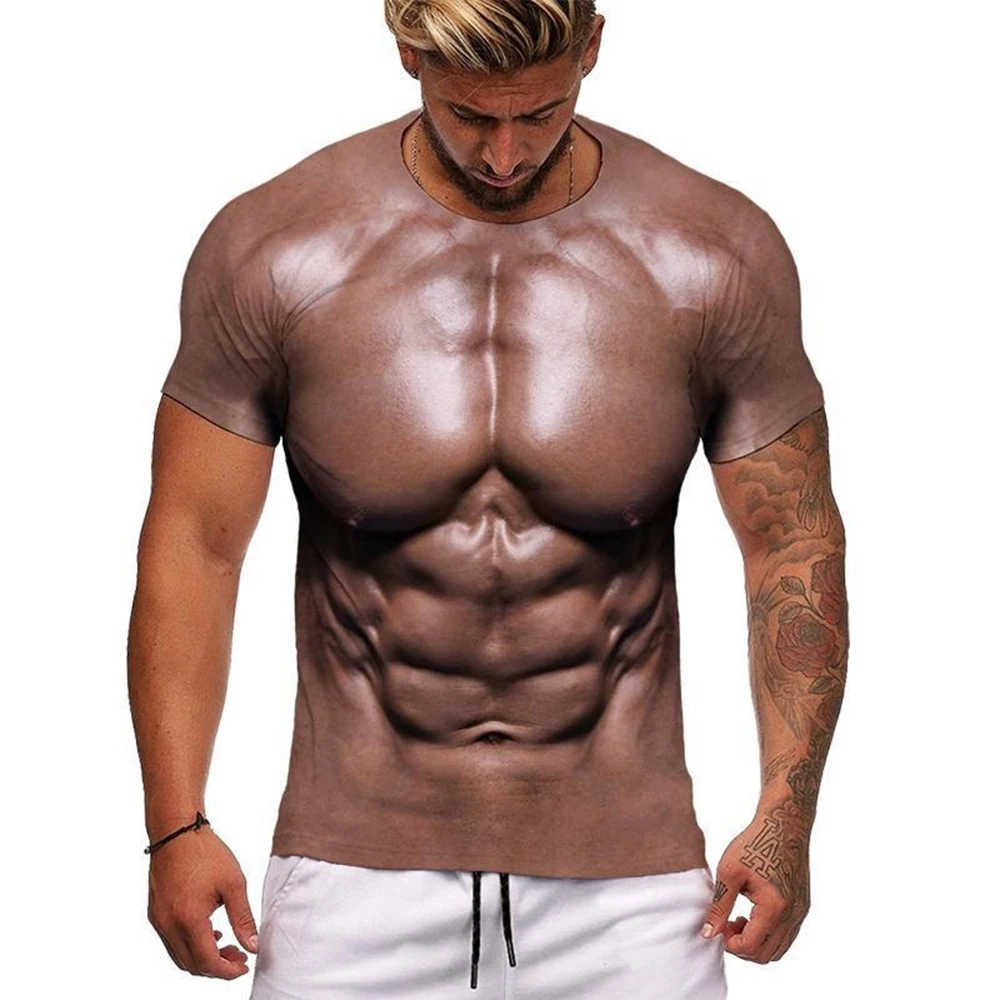 Summer fashion trend fun 3D printing men's personalized fake muscle printed T-shirt street casual comfortable short sleeved top