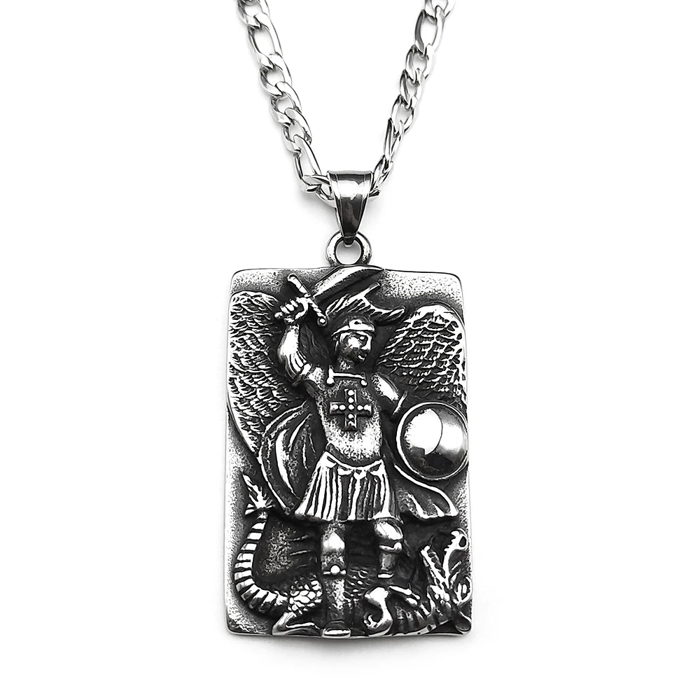 رئيس الملائكة مايكل قلادة قلادة للنساء الرجال الفولاذ المقاوم للصدأ أسود اللون المسيحية الصليب الذكور الشرير سلسلة مجوهرات هدية