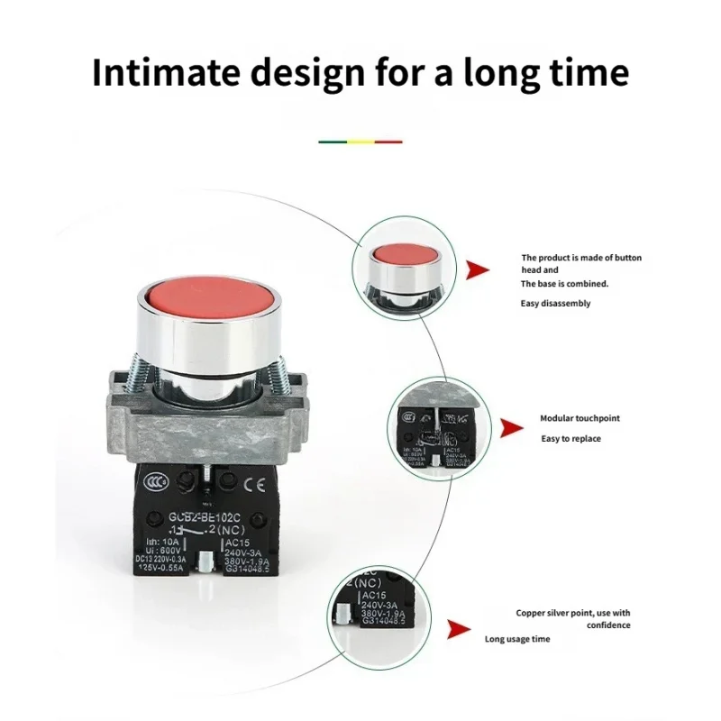 XB4Push Button Switch Momentary Self-Resetting Flat High Head22mmPower button switch with lightXB4-BA41 BA42  10A NC / NO