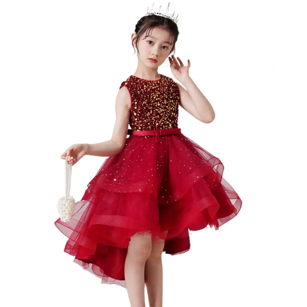 

Shiny Sequin Performances Dress Girls Dance Ruffle Ball Gown A-line Fluffy Mesh Bow Flower Stage Show Model Wedding Dress