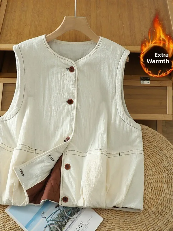 Frauen Winter Neue Leinen Baumwolle Jaet Lose Casual Künstlerische Verdickte Oberkörper Baumwolle Gepolsterte Weste Pendeln Sle runde Ne...