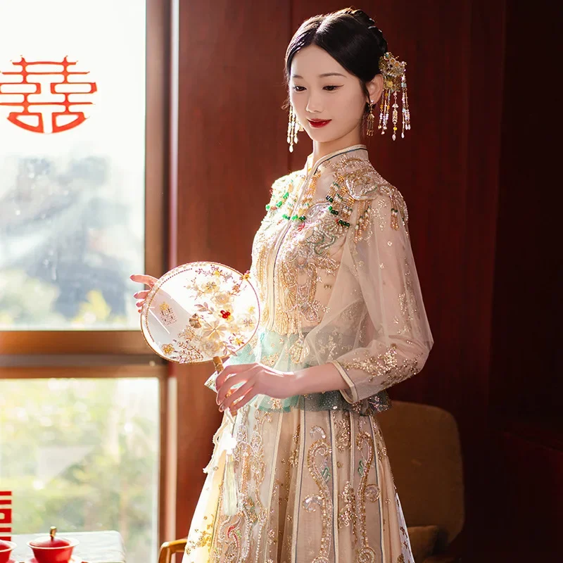 Золотое Платье Qipao Hanfu, старинный костюм невесты, китайское свадебное платье, традиционная вышивка, потрясающая одежда, платье