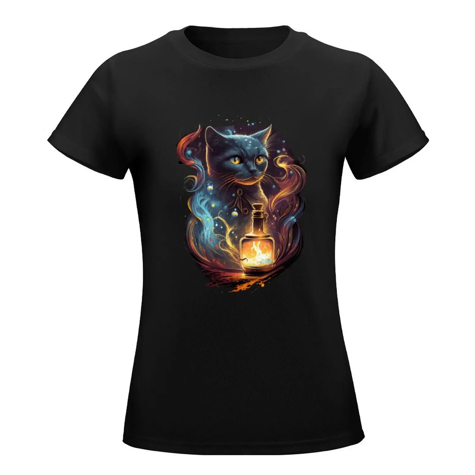 Feline Illusionist Unleash the Magic Cat T-Shirt summer clothes plus sizes Short sleeve tee Women's tops