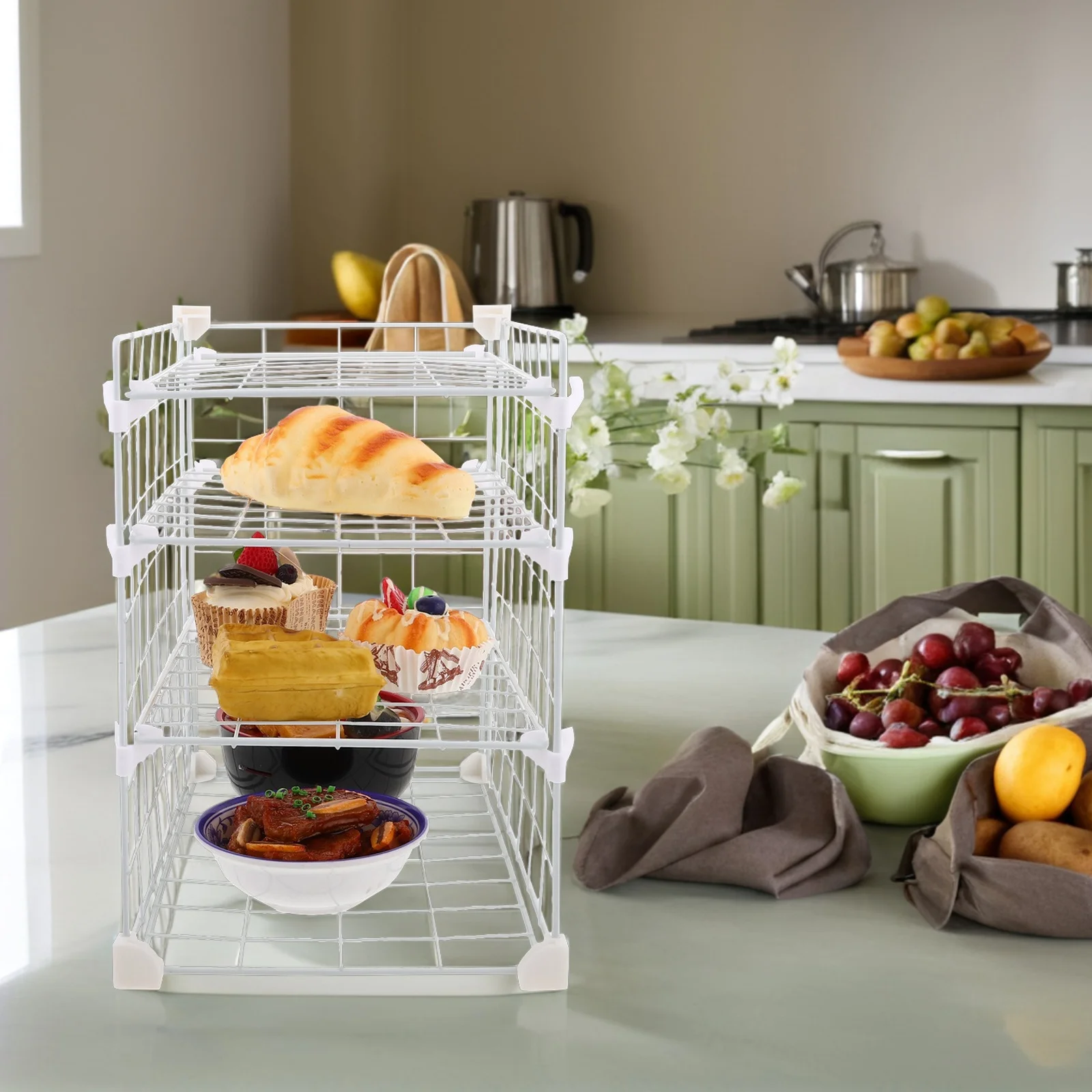 

Tiered Refrigerator Storage Rack Metal Wire Multi-Layer Adjustable Shelves for Kitchen Cabinet Freezer Organizer Plates Bowls