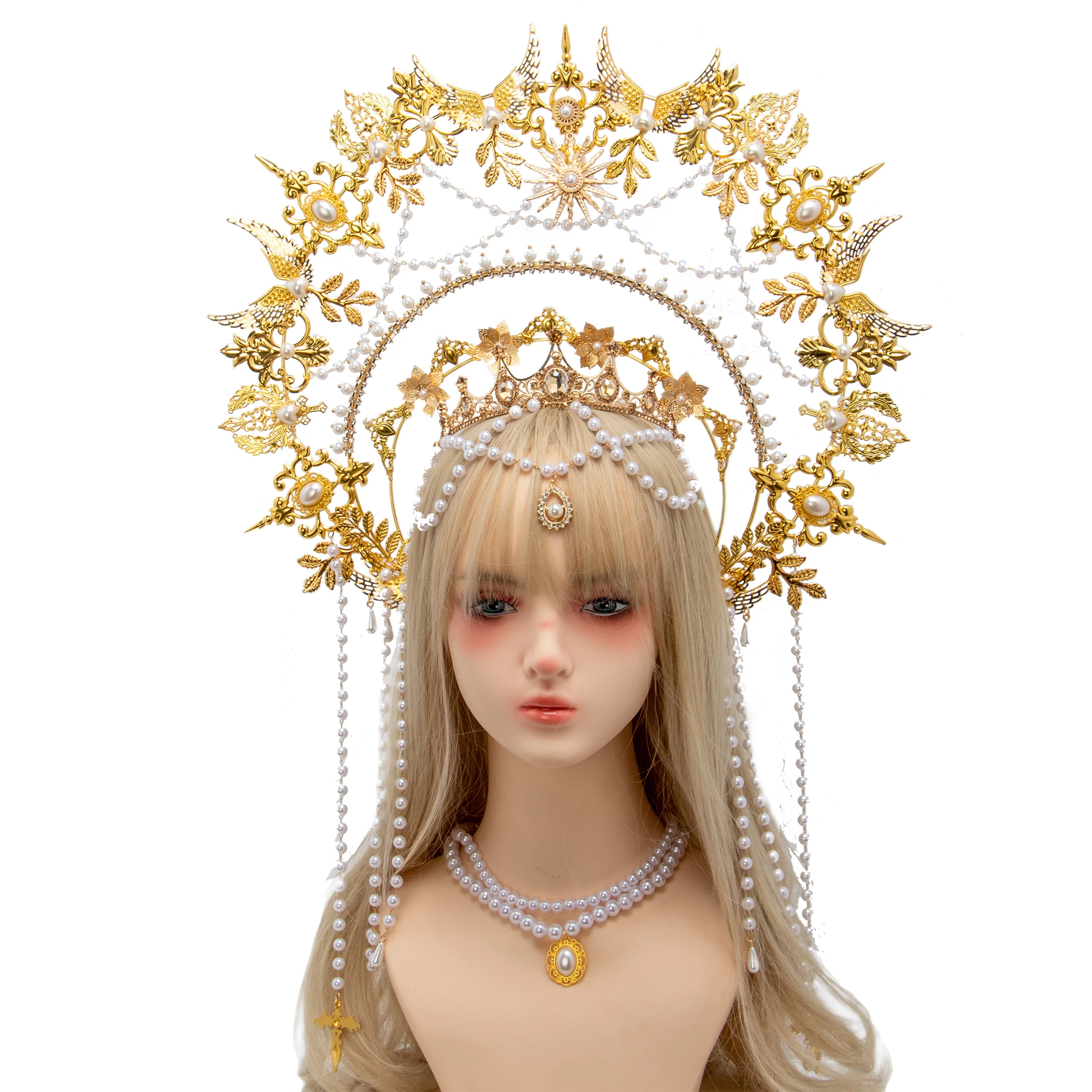 Exaggerated Oversized Sun Goddess Angel KC Halo Crown Queen Headpiece Gold  Baroque Pearl Tiara  Lolita Headband for Photo Prop