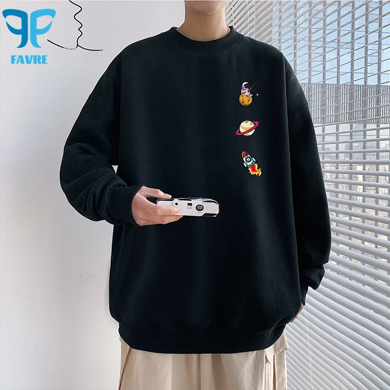 

FAVRE Cute Space Cartoon Print Sweatshirts Mens Roundneck Y2K Pullovers Spring Autumn Hong Kong Style Male Loose Casual Tops