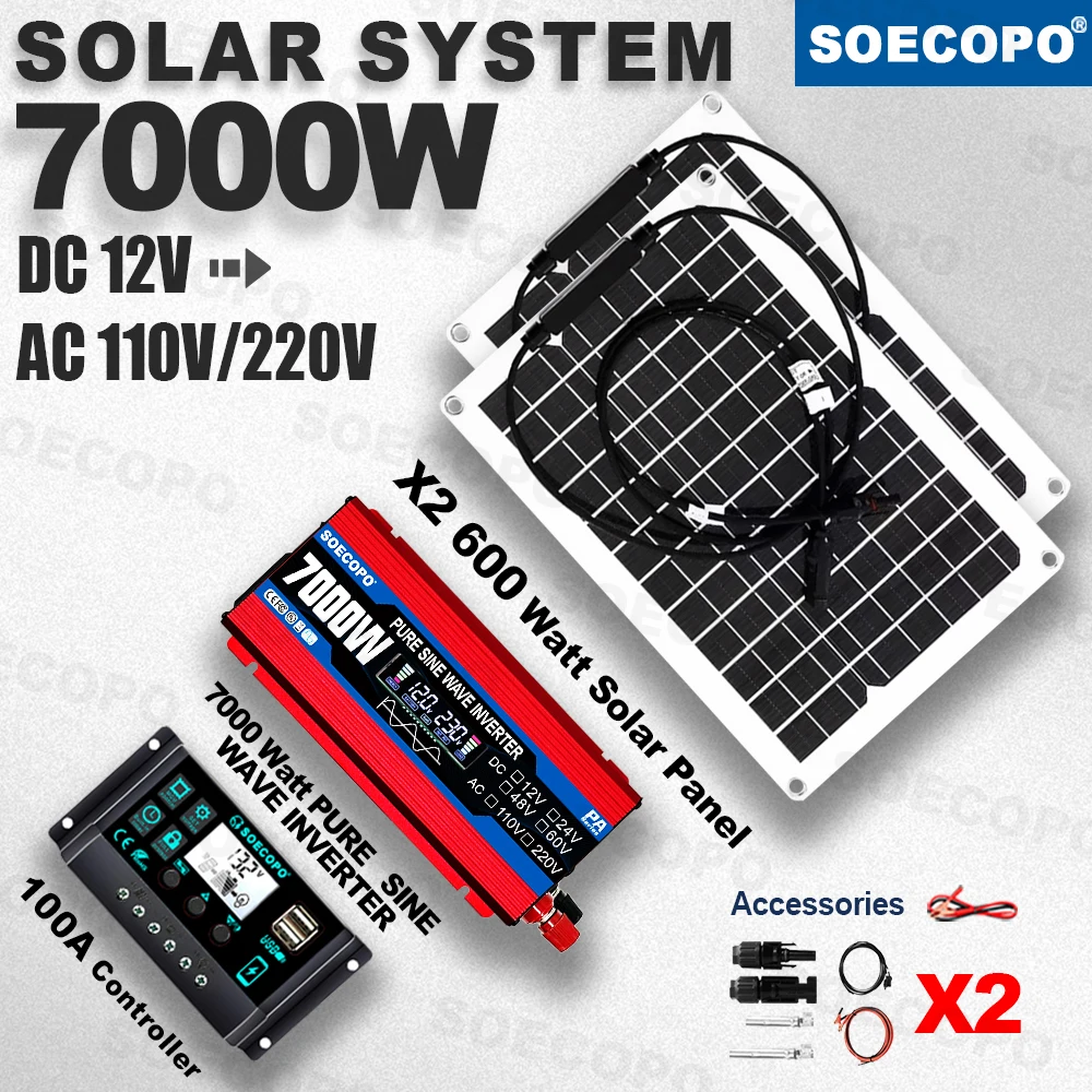 

Reliable Pure Sine Wave Inverter | Medical-Grade Backup Solar System 7000W | 2Panels 100A Controller for home garden Emergency