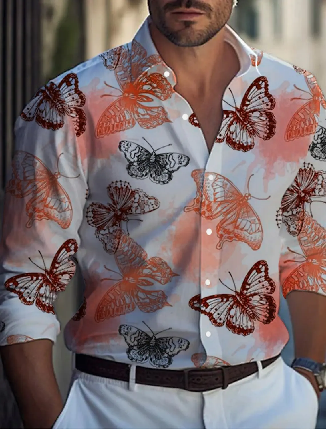 

Butterfly Casual Men's Shirt For Daily Outings, Weekends, Autumn And Winter Lapels, Long Sleeves, White, Blue, Purple