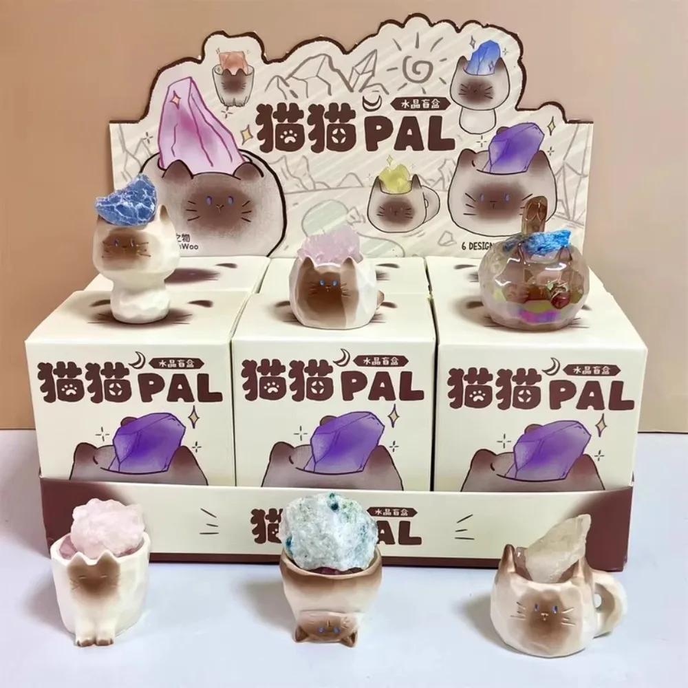 Gato pal cristal primitivo pedra série caixa cega decoração de mesa decoração interior dos desenhos animados caixa mistério surpresa presente da menina