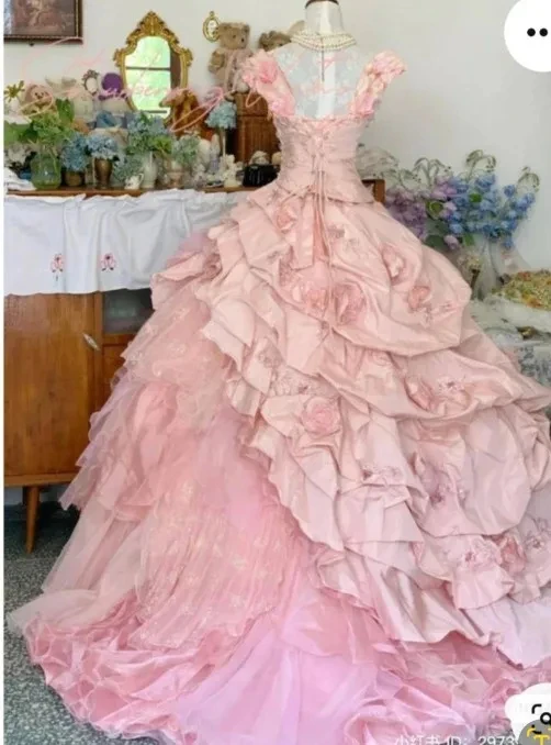 EVLAST Customized Princess Pink Quinnceanera Dress Ball Gown 3D Floral Applique Beaded Corset Sweet 16 Vestidos De 15 Anos SQ536