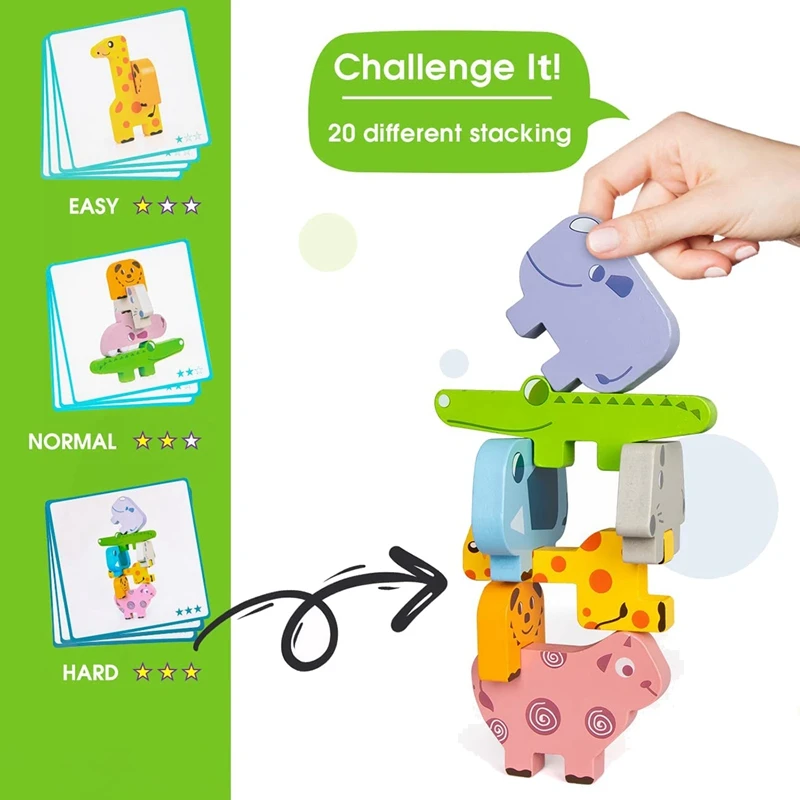 Juguetes de construcción de equipo de madera, juego de bloques apilables, juguetes de equilibrio de animales para niños pequeños, niños y niñas