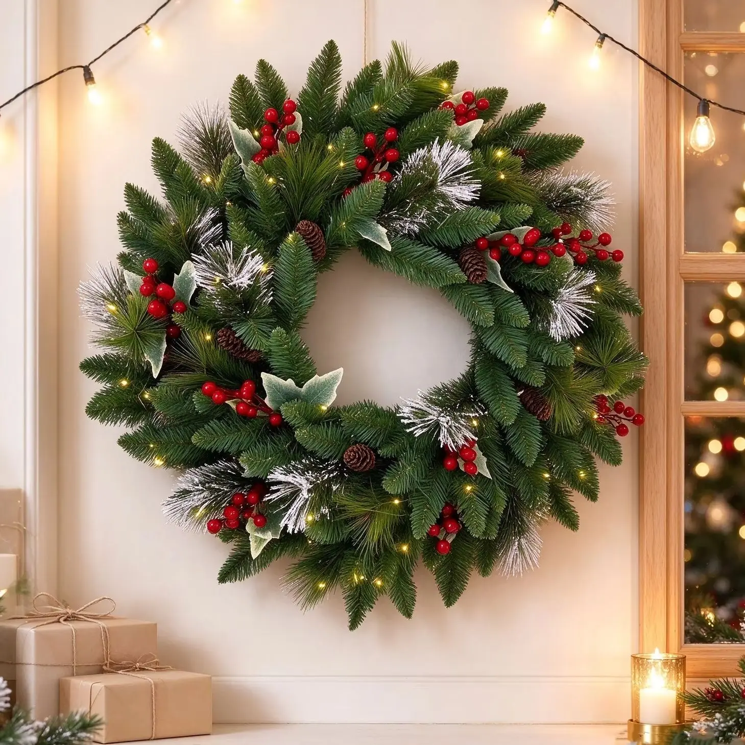 Pre-Lit Christmas Wreath for Front Door, Artificial Pine Wreath with 50 Warm White LEDs, Red Berries and Pine Cones, Greenery Wreath for Mantel Window Holiday Decor