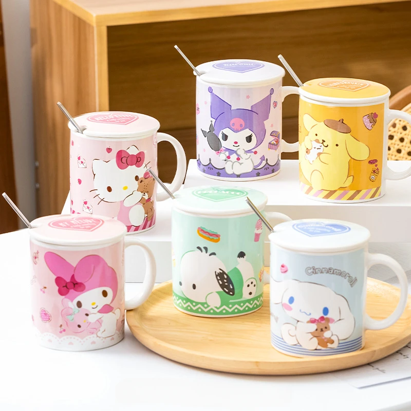 

Kawaii Sanrios 350ml Mug with Lid Spoon Cinnamoroll Pochacco Kuromi My Melody Anime Office Coffee Milk Ceramic Drinking Cup Gift