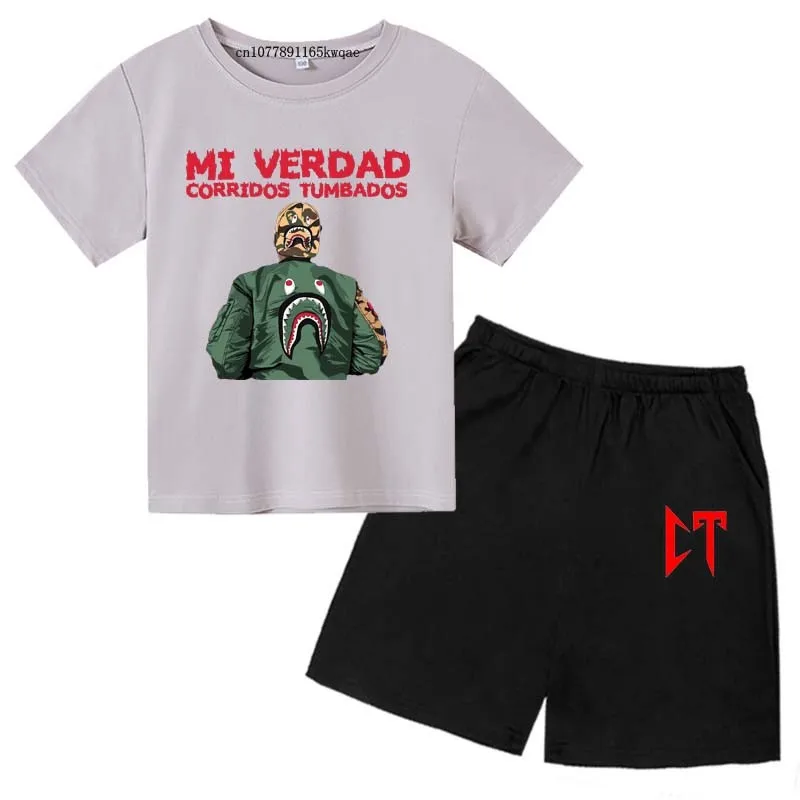 Kids Corridos Tumbados Print Summer Fashion Breathable Tees+Shorts 2pcs Sports Suits 2-13 Years Boys Girls Casual Outfits Sets