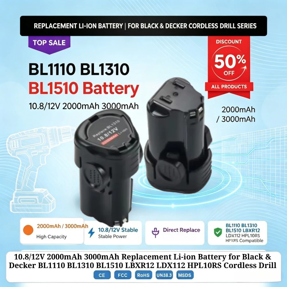 10.8/12V 2000mAh 3000mAh Replacement Li-ion Battery for Black & Decker BL1110 BL1310 BL1510 LBXR12 LDX112 HPL10RS Cordless Drill