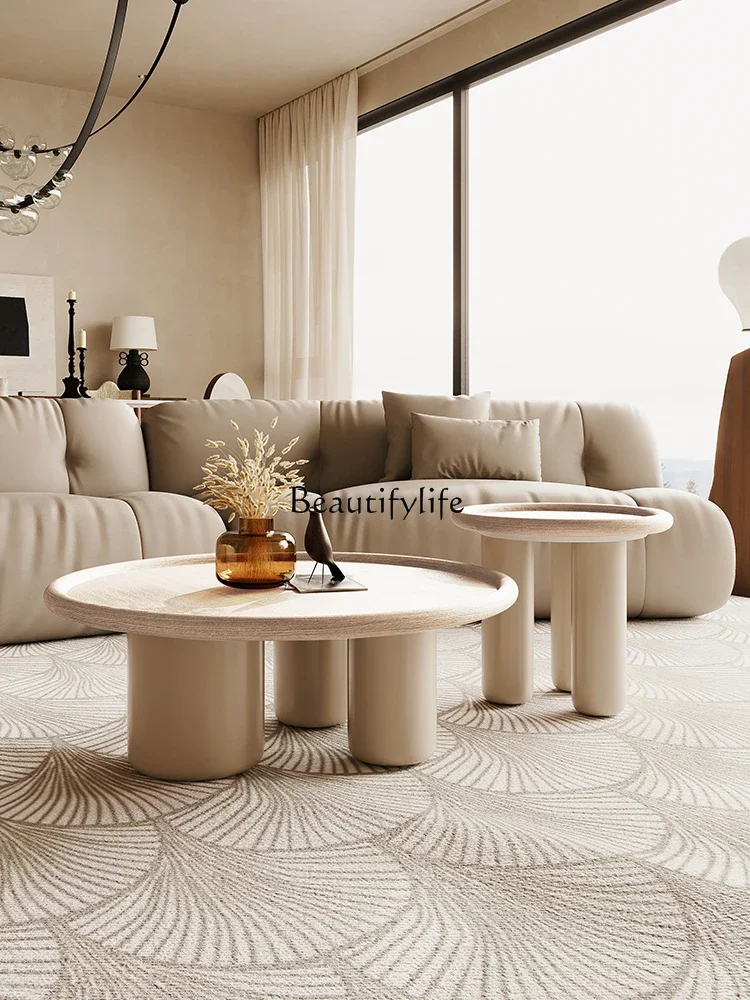 

ld14Nordic Solid Wood Tea Table White Wax Wood Log Silent Cream Wind Size round Coffee Table Combination