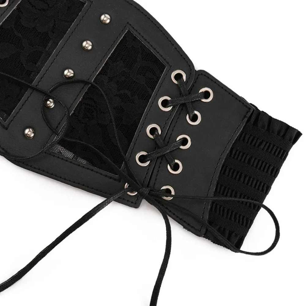 Zwarte kanten riemen brede elastische korset retro pin gesp tailleband voor dames op shirtjurk