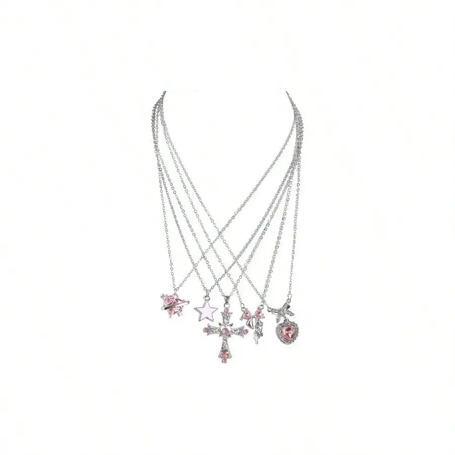 

5-Piece Layered Charm Necklace Set with Pink Star Cross Heart Pendant