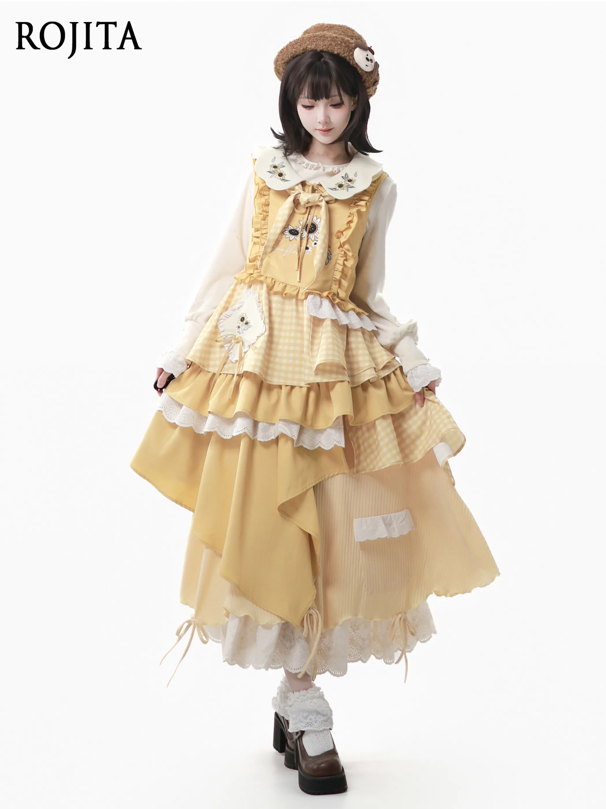 

Женское платье с круглым вырезом, кружевными вставками и длинными рукавами, новинка весны 2026, желтое, с вышивкой кружевом