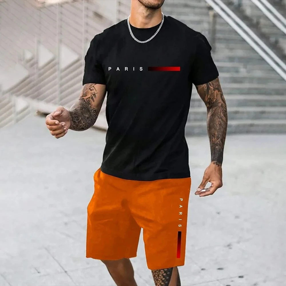 Fashionable men's summer striped gradient print soft and breathable round T-shirt shorts set outdoor casual two-piece set