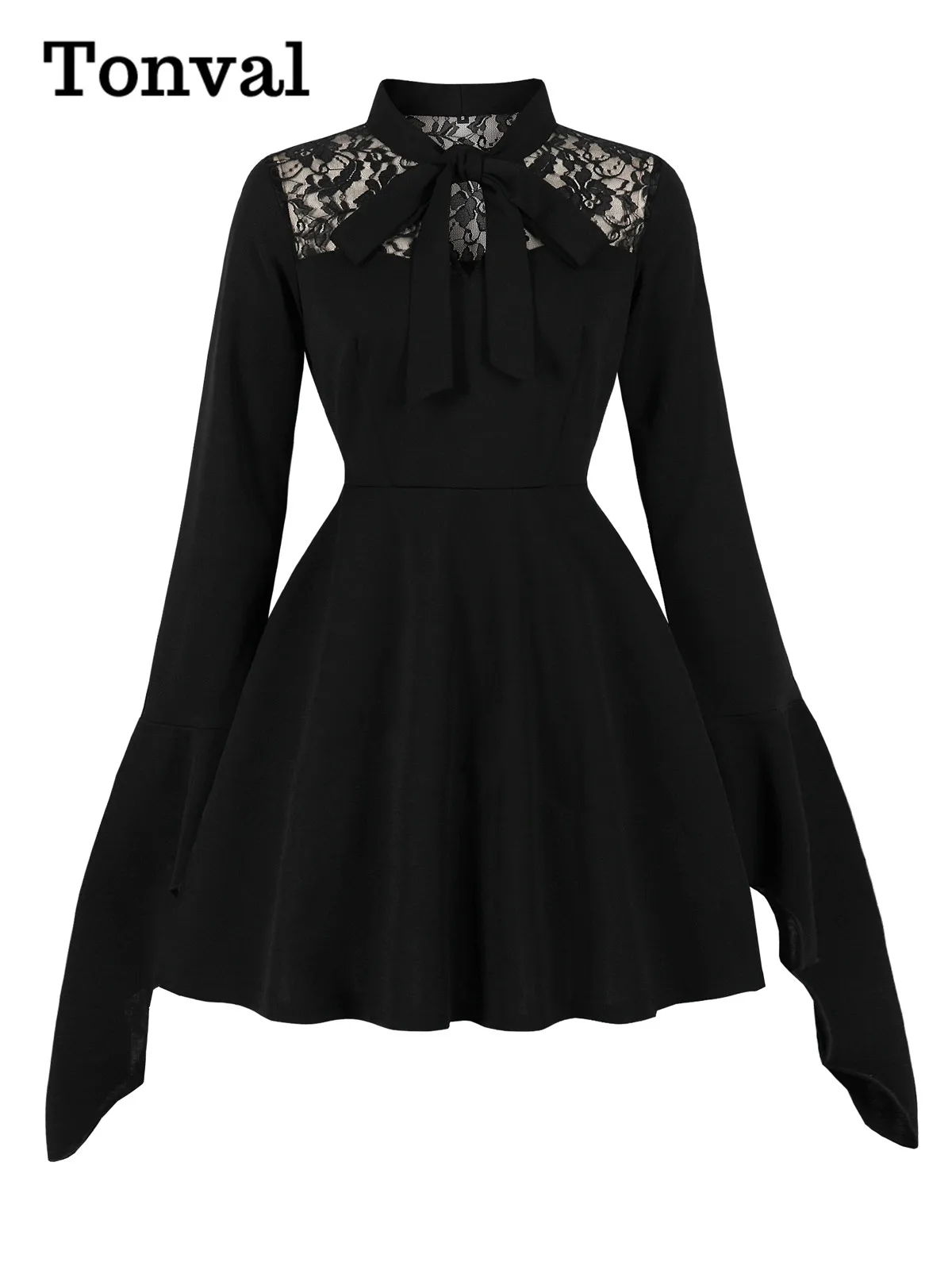 Tonval Krawatte Hals Langarm Halloween Party Frauen Kleider Spitze Detail Geburtstag Party Prom Kleidung Schwarzes Minikleid