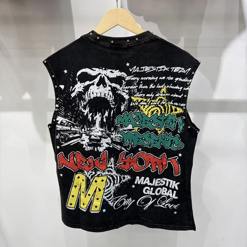 MAJESTIK American High Street Skull Studded Sleeveless Shirt Men Women Loose Fit Versatile Tank Top