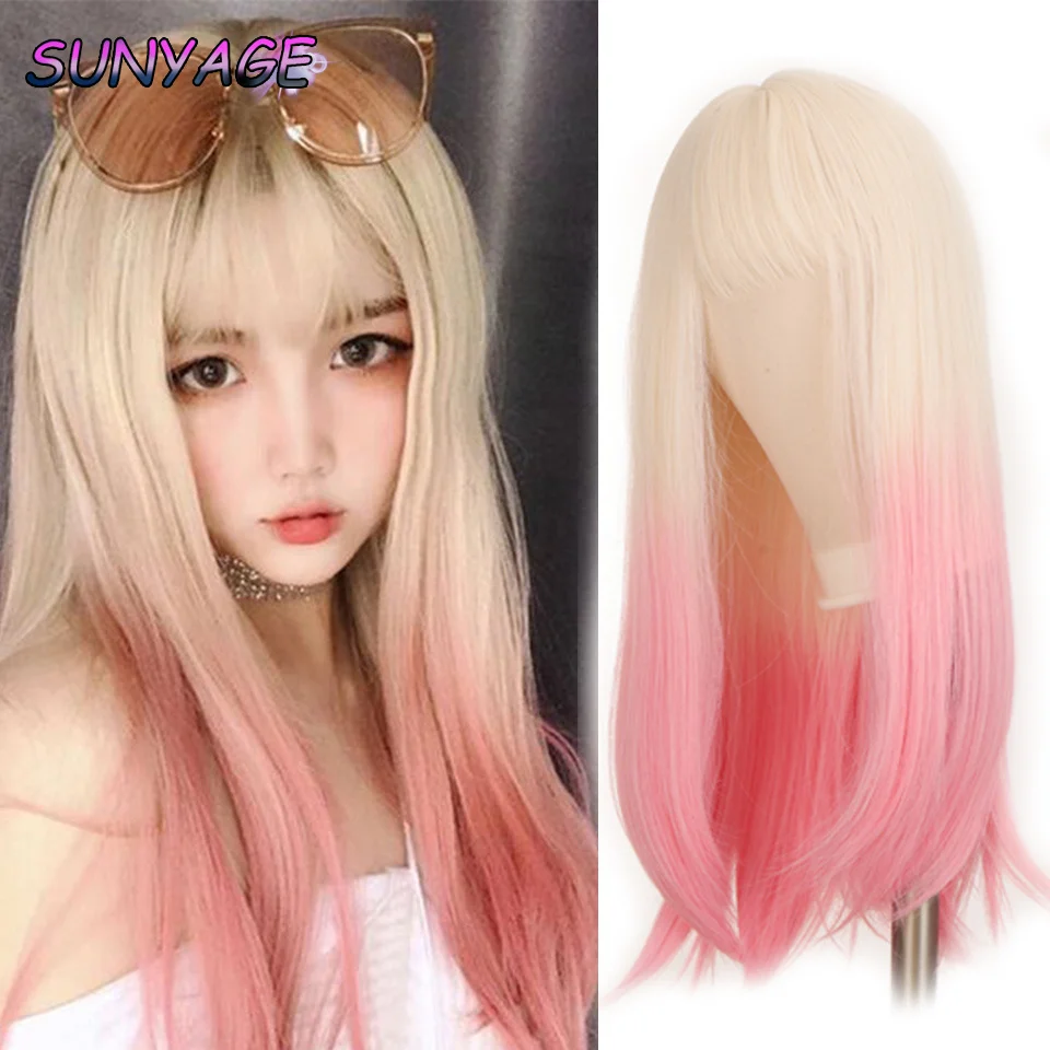 

SUNYAGE Synthetic Long Straight Wigs for Women Girls Golden Pink Gradient Cosplay Wig with Bangs Lolita Anime Daily Party Hair