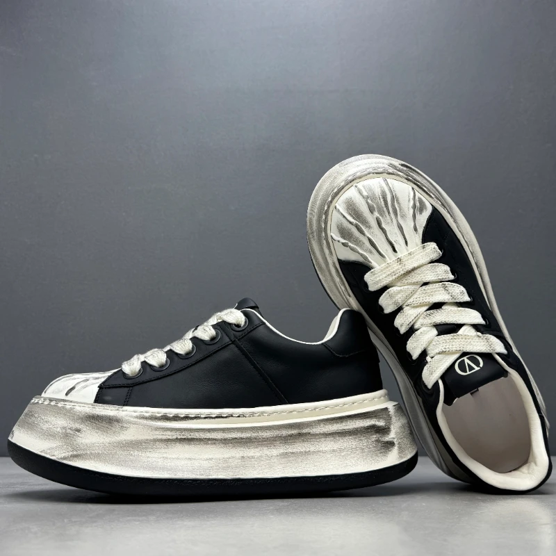 Japanese/Korean Original Design Retro Wide Version Casual Shoes Men's Genuine Leather Thick Soled Height Increasing Board Shoes