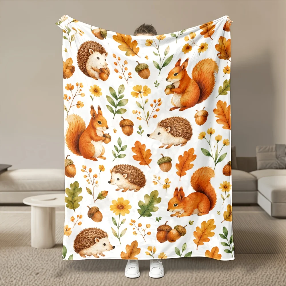 1pc Autumn Forest Squirrel Hedgehog Flannel Blanket, Premium Ultra Soft Warm Cozy Comfort, Heavyweight 280GSM Quality, Machine Washable for Easy Care, Multi-Size, for Bedroom Sofa Home Decor Office Dorm & Car, Cozy Winter Throw, Ideal Gift Choice