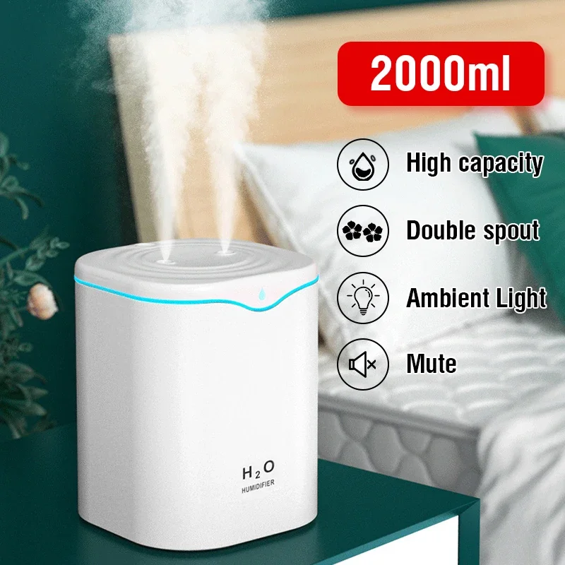 

2000ML USB Humidifier Double Spray Port Essential Oil Aromatherapy Diffuser Cool Mist Maker Fogger Home Office Fragrance