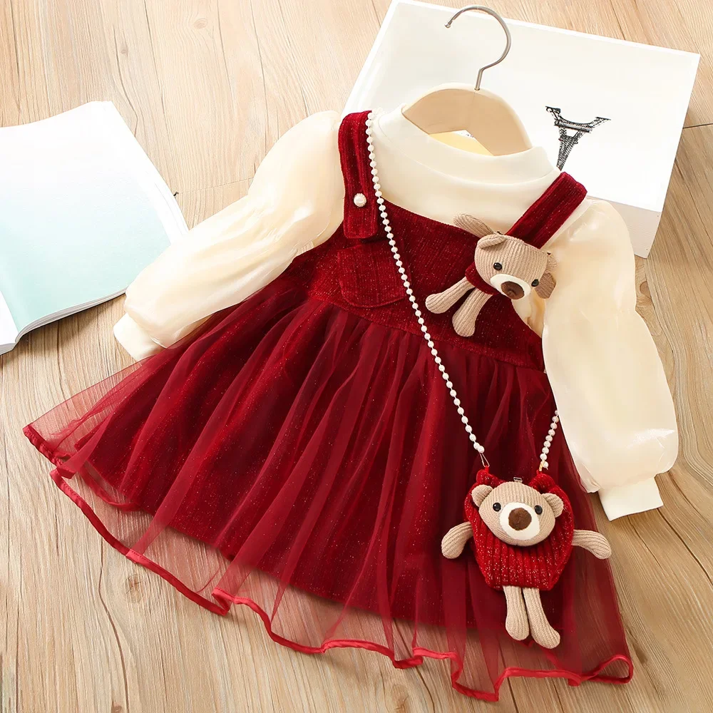 2024 Autumn New Girls' Dress Set Korean Edition Girls' Bow Tank Top Mesh Two Piece Set Girls' Casual Dress 0-6 Years Old