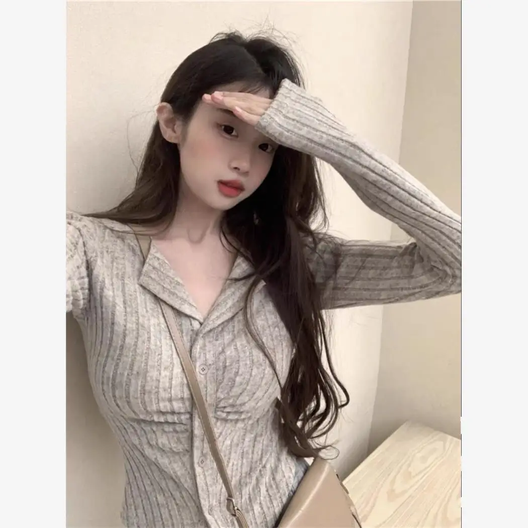 

Вязаный свитер American Sle, женский длинный свитер с отложным воротником-стойкой, утягивающий дизайн, осенний модный открытый кардиган, топ