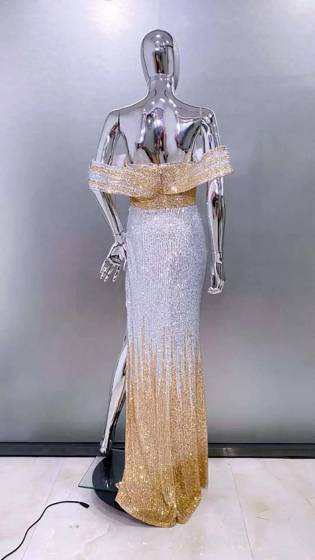 LEOSOXS 2025 Summer Details Sequins Long Maxi Dress Short Sleeves Cut Out Hollow High Slit Bodycon Cocktail Party Evening Gowns