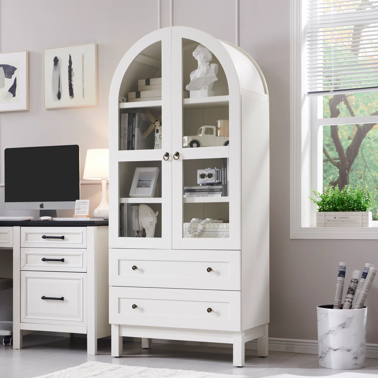 71“ Tall Arched Bookcase, Wooden Storage Cabinet With 2 Large Drawers&Adjustable Shelves, Versatile White Finish.