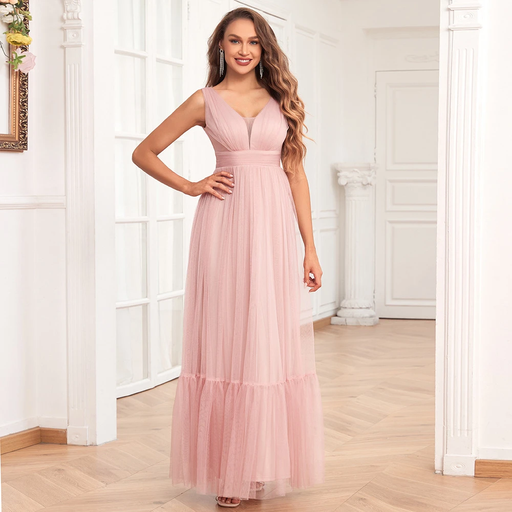 2023 Long Lovely Pink Evening Dress A Line V Neck Tulle Women Party Gowns Wholesale Robe De Soiree