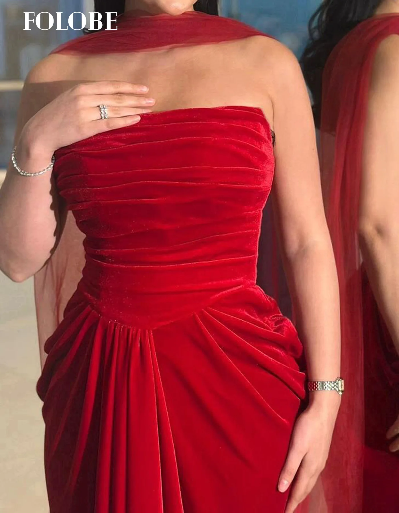 FOLOBE strapless rode geplooide avondjurken elegante zeemeermin fluwelen galajurken voor vrouwen zeemeermin trouwjurk op maat