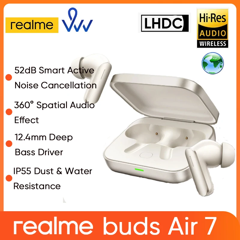 Global Version realme Buds Air 7 52dB Smart Active Noise Cancellation 12.4mm Deep Bass Driver BT5.4 360° Spatial Audio Earphone