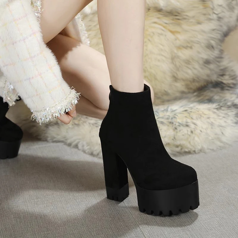 Women Ankle Boots Autumn Winter Fashion High Heels 14cm Female Shoes Leather Ankle Boots For Women Warm Plush Winter Shoes Boot