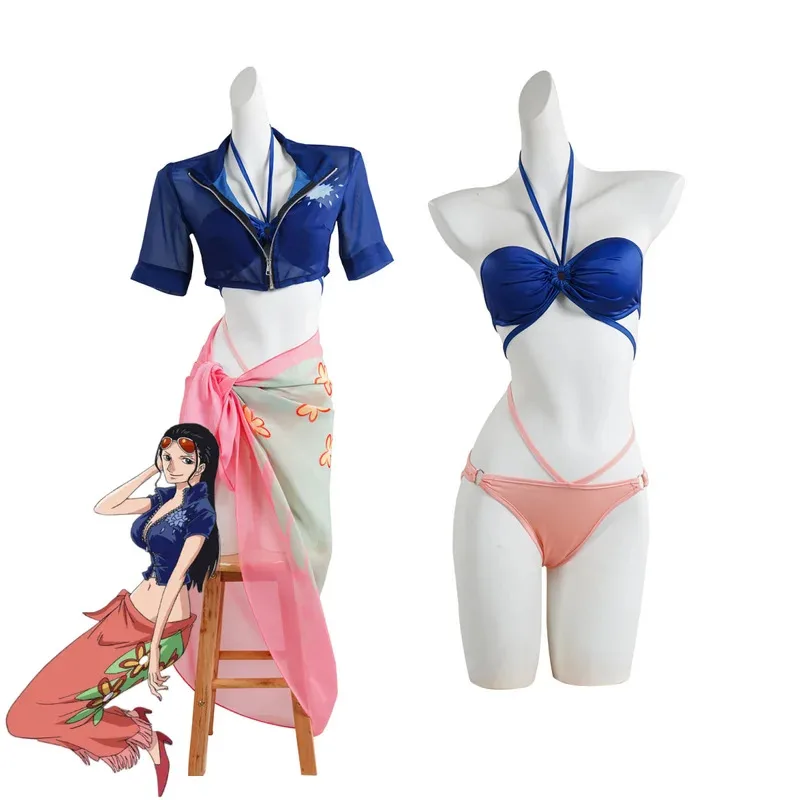 

Anime Nico Robin Miss All Sunday Cosplay Costume Flower-Flower Fruit Summer Day Swimsuit Coat Wig Woman Sexy Bikini Party Suit