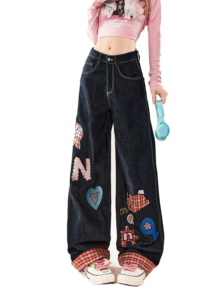 Y2k amerikanische Retro Frauen Jeans hohe Taille blau lose schlanke schicke Hose mit weitem Bein weibliche Mode Straße lässig lose Frau Jeans